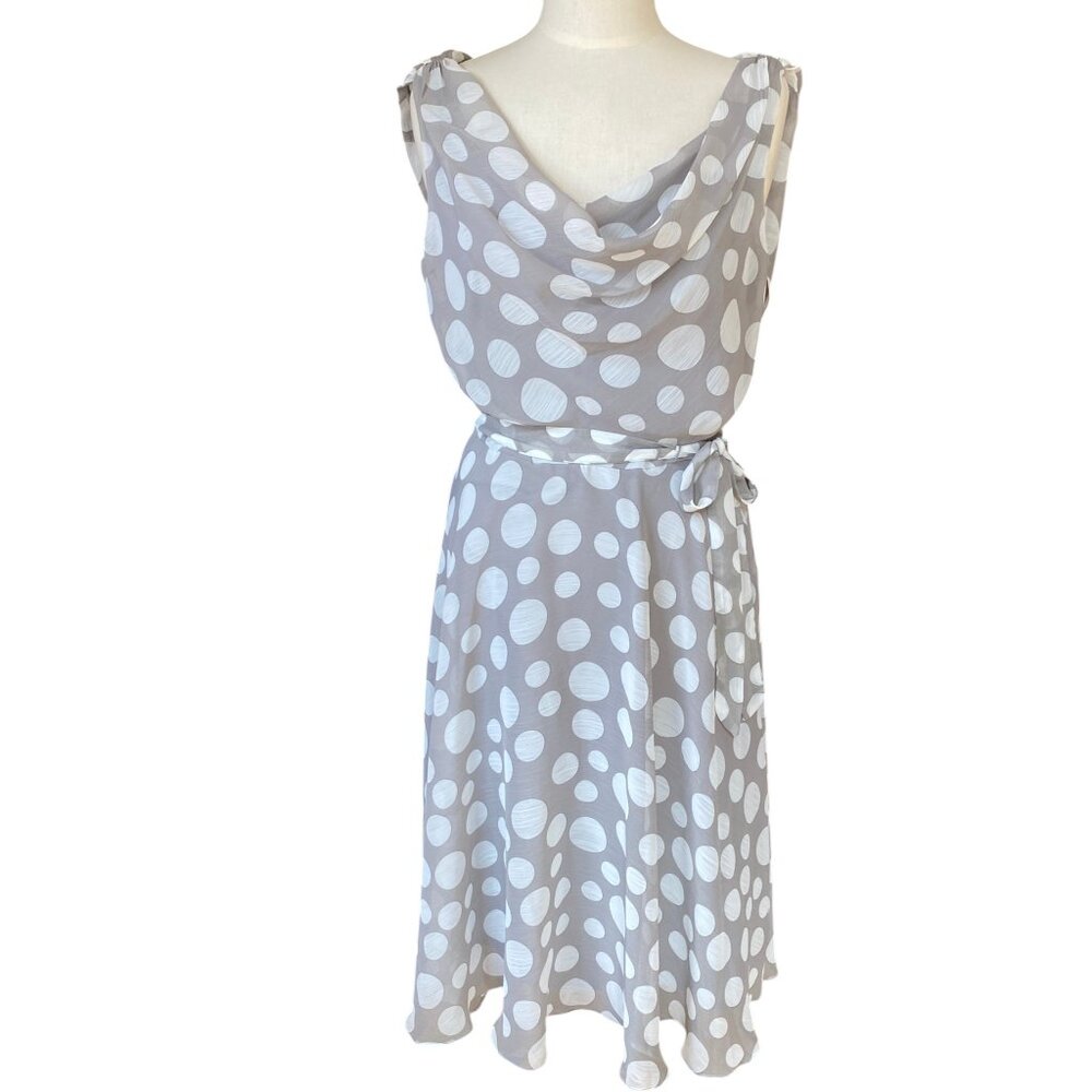 Vintage Chiffon Cowl Neck Polka Dot Midi Dress Gray Parisian Euro Summer 90s-S
